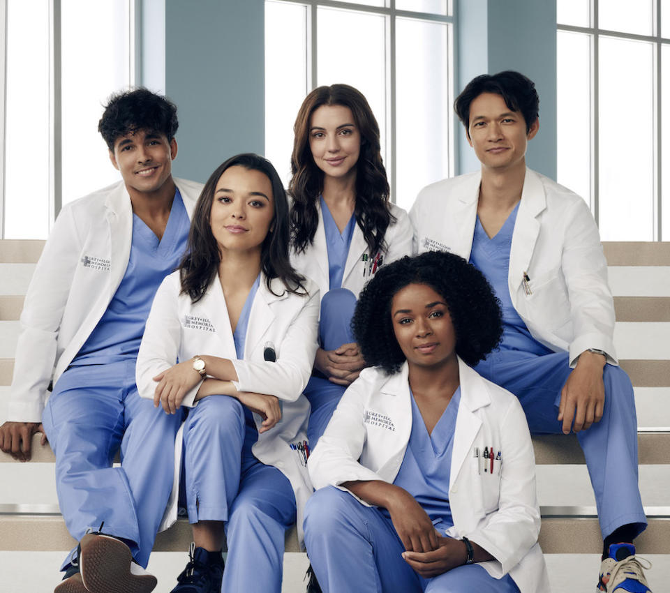 GREY’S ANATOMY - ABC’s “Grey’s Anatomy” stars Nicko Terho as Lucas Adams, Midori Francis as Mika Yasuda, Adelaide Kane as Jules Millin, Alexis Floyd as Simone Griffith and Harry Shum Jr. As Daniel “Blue” Kwan. (ABC/Nino Muñoz)