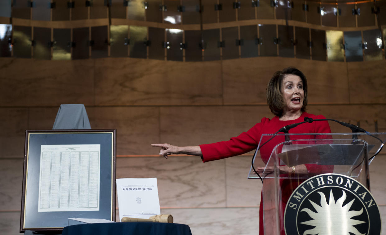 House Minority Leader Nancy Pelosi speaks at The National Museum of American History. (Photo: Bill Clark via Getty Images)