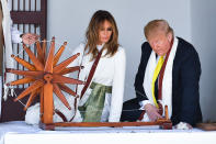 US President Donald Trump (R) and First Lady Melania Trump visit the Gandhi Ashram in Ahmedabad on February 24, 2020. (Photo by Mandel NGAN / AFP) (Photo by MANDEL NGAN/AFP via Getty Images)