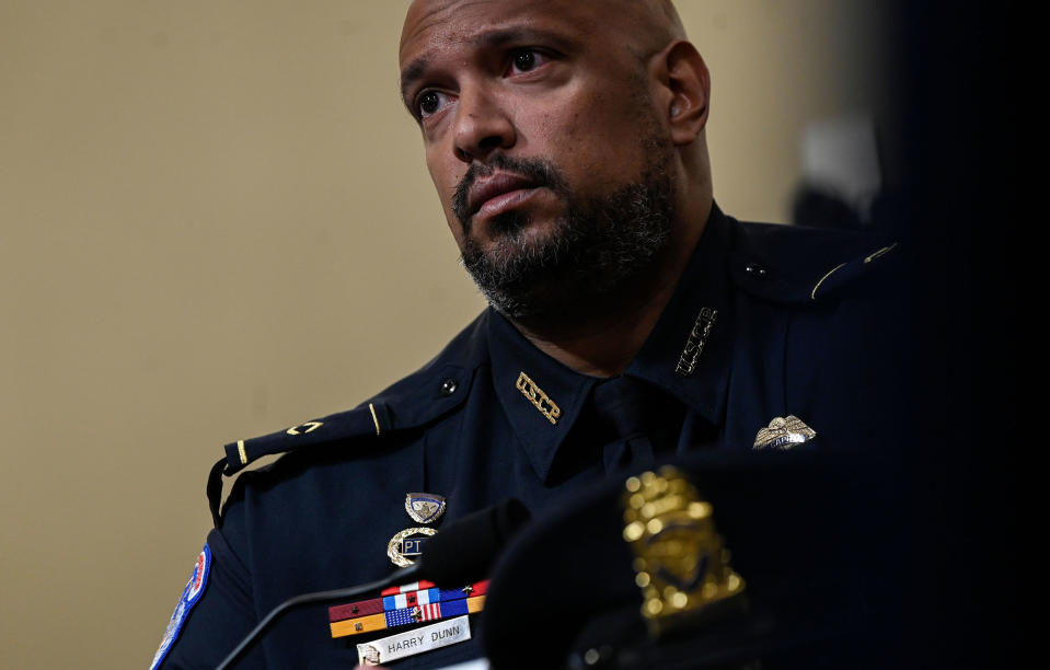 U.S. Capitol Police officer Harry Dunn speaks during the Select Committee investigation of the January 6, 2021, attack on the Capitol, in Washington, D.C. on July 27, 2021.<span class="copyright">ANDREW CABALLERO-REYNOLDS—AFP/Getty Images</span>