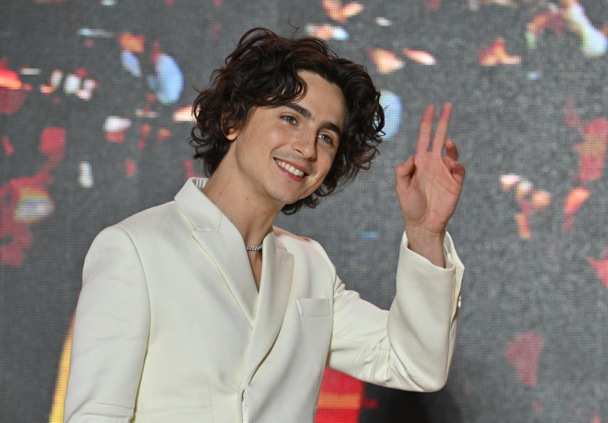 US-French actor Timothee Chalamet waves to fans during a red carpet event for the film 