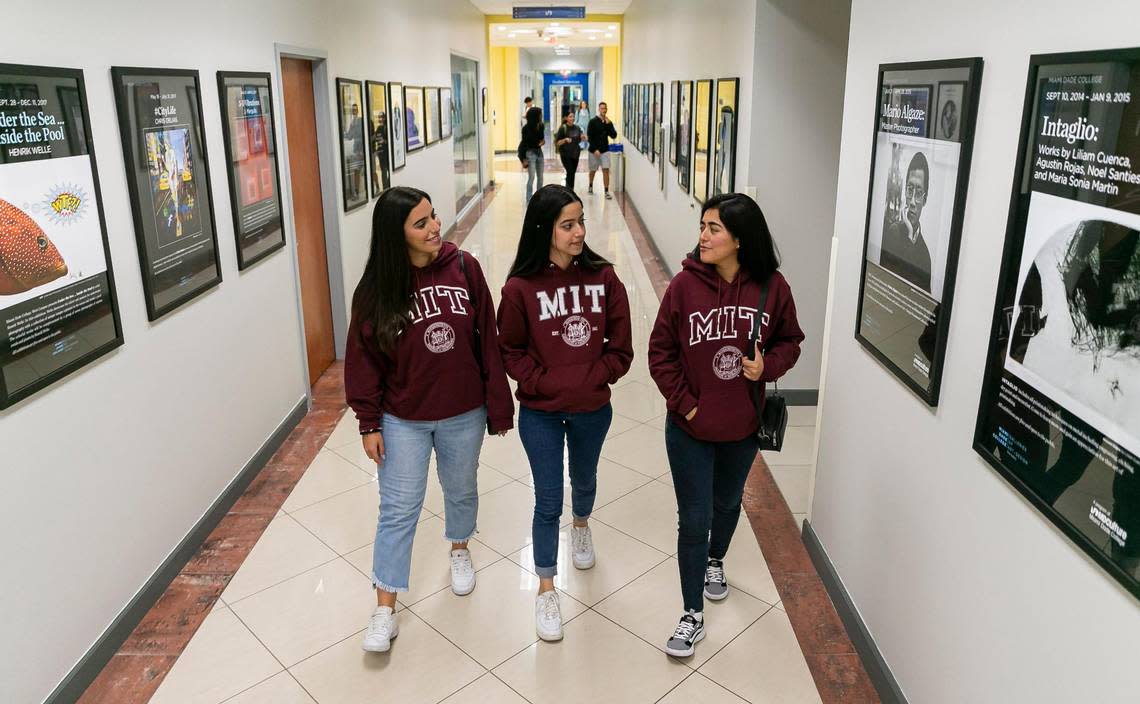 From left to right: Fabiana Gonzalez Zambrano, 20, Ana Camba Gomes, 20, and Romina Cano Velasquez, 24, visit the Miami Dade College West Campus on Friday, Aug. 19, 2022, in Doral, Fla. All three, MDC Honors College students, have been accepted into the Massachusetts Institute of Technology.