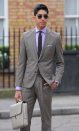 <p>Dev looking all fly during a photoshoot in London in 2010. Sharp suit, even sharper moves. Not sure about the beige man purse though. </p>