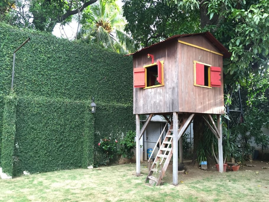 <p>There is what appears to be a children’s play tower in the yard. </p>