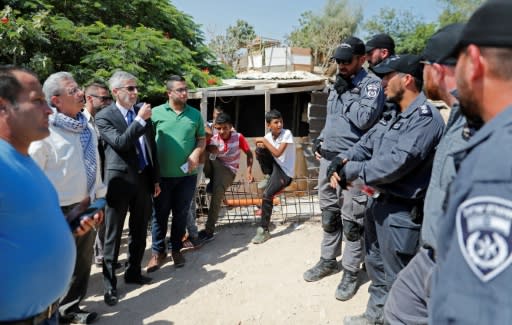 European diplomats are blocked by Israeli police as they try to visit the West Bank village of Khan al-Ahmar on July 5, 2018