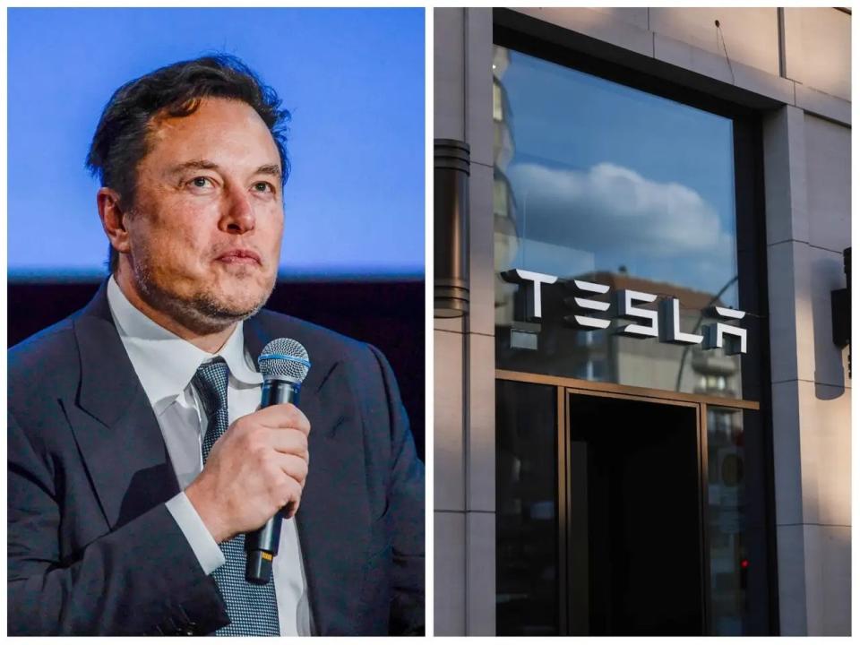 Ein Bild eines Tesla-Autoaufklebers, der sich über Elon Musk lustig macht, macht in den sozialen Medien die Runde. - Copyright: Getty Images