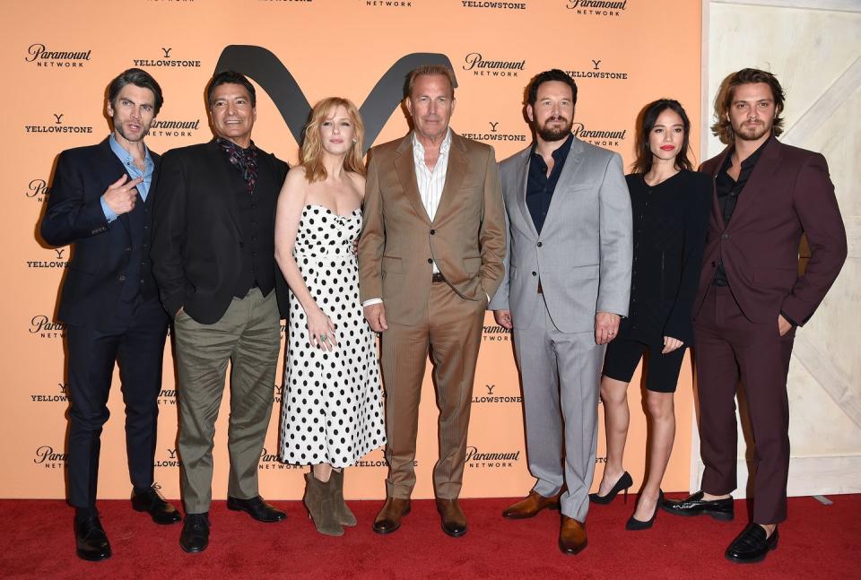 los angeles, california may 30 l r wes bentley, gil birmingham, kelly reilly, kevin costner, cole hauser, kelsey asbille and luke grimes attend the premiere party for paramount networks yellowstone season 2 at lombardi house on may 30, 2019 in los angeles, california photo by axellebauer griffinfilmmagic