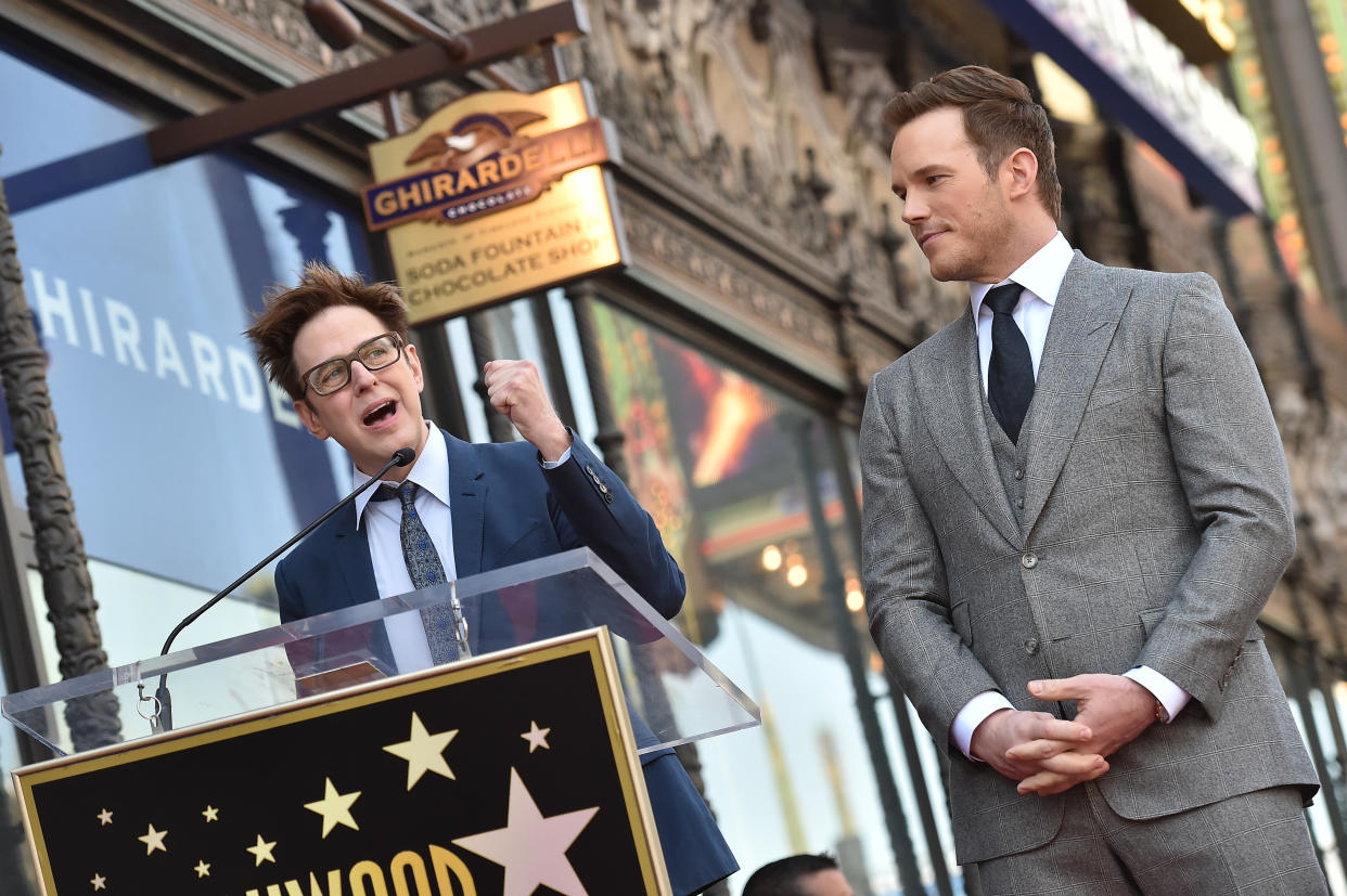 HOLLYWOOD, CA – APRIL 21: Writer/director James Gunn (L) and actor Chris Pratt attend the ceremony honoring Chris Pratt with a star on the Hollywood Walk of Fame on April 21, 2017 in Hollywood, California. (Photo by Axelle/Bauer-Griffin/FilmMagic)