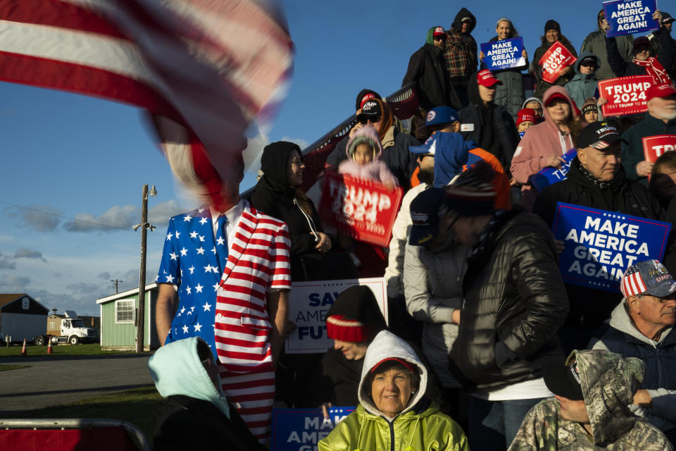 Attendees gather as former U.S. President Donald Trump holds a campaign event in Schnecksville, Pa., on Saturday, April 13, 2024. (AP Photo/Joe Lamberti)