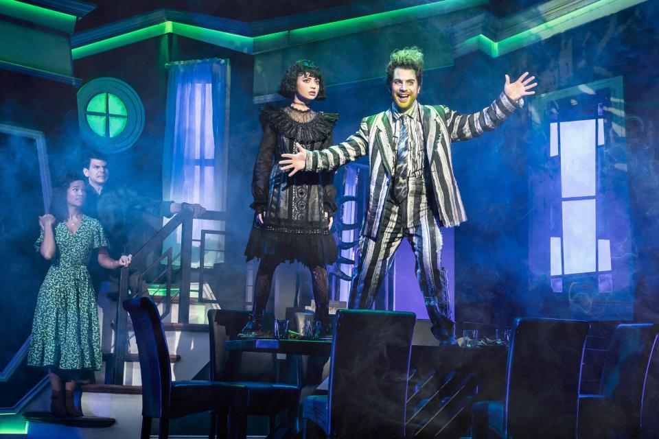 Britney Coleman (Barbara), from left, Will Burton (Adam), Isabella Esler (Lydia) and Justin Collette (Beetlejuice) in the 'Beetlejuice.'