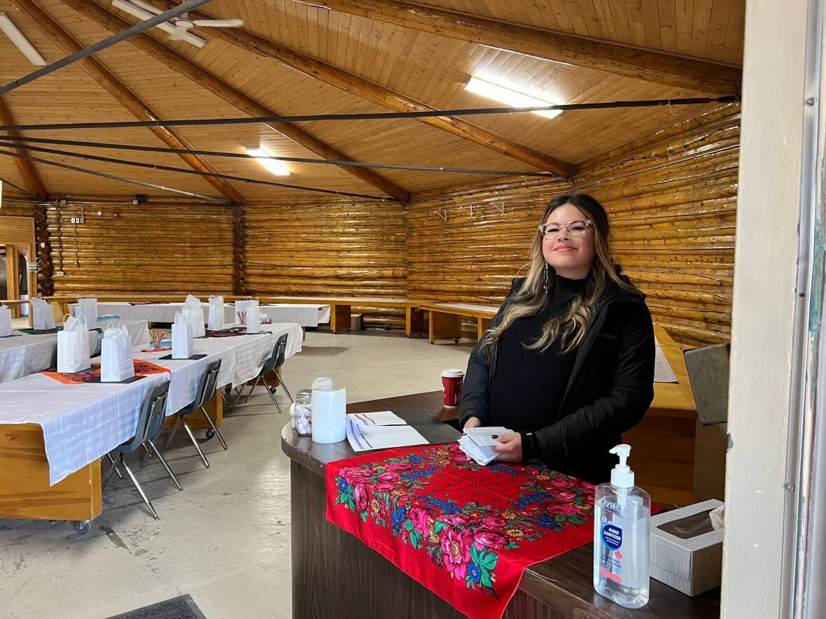 Morgan Ranseth, the N.W.T. government's program coordinator for cultural safety and anti-racism, at Fort Smith's Roaring Rapids Hall.  (GNWT Health and Social Services - image credit)