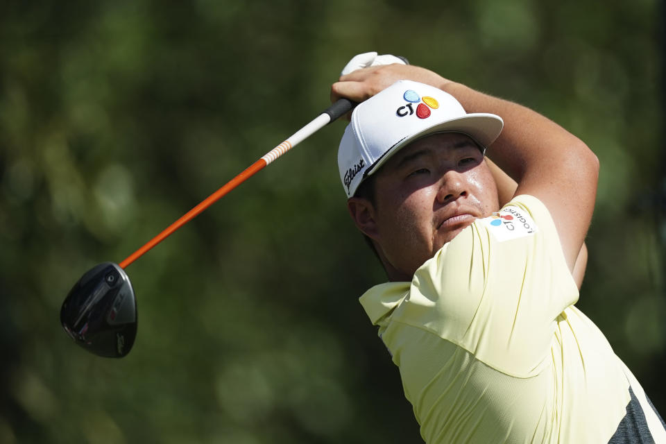 FILE - Sungjae Im, of South Korea, watches his shot on the third tee during the third round of the Tour Championship golf tournament at East Lake Golf Club Saturday, Aug. 27, 2022, in Atlanta. Sungjae Im will compete on the International team at the Presidents Cup beginning Thursday, Sept. 22.(AP Photo/John Bazemore, File)