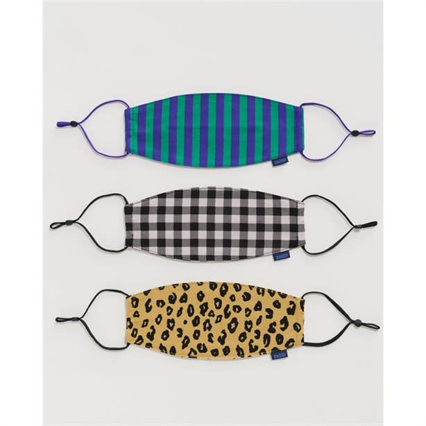 Baggu Reusable Cotton Face Masks Gingham, Leopard And Stripes. Image via Indigo.