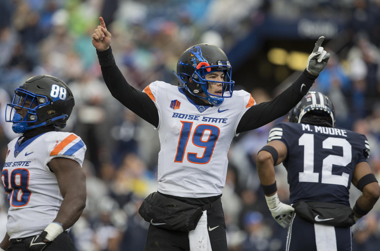 PROVO, UT -  OCTOBER 9: Hank Bachmeier #19 of the Boise State Broncos celebrates a touchdown against  the BYU Cougars during their game October 9, 2021 at LaVell Edwards Stadium in Provo, Utah. (Photo by Chris Gardner/Getty Images)