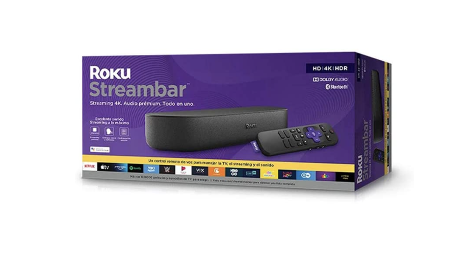 ROKU Streambar es un dispositivo de streaming 4K/HD/HDR y audio premium, todo en uno. También incluye control remoto de voz. Foto: Amazon.com.mx