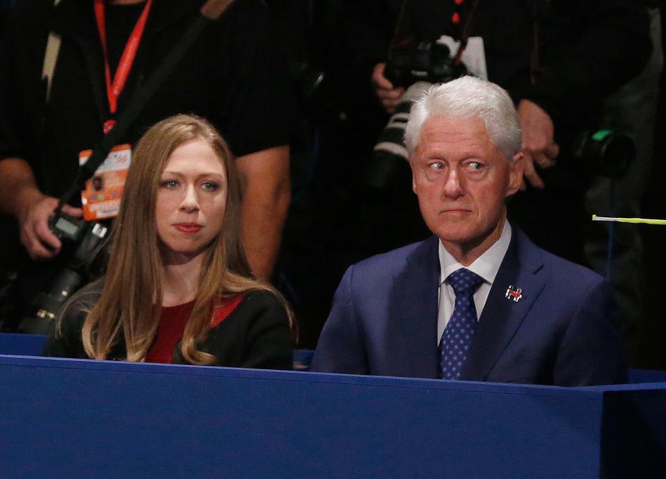 <p>Chelsea Clinton, daughter of Hillary Clinton and former President Bill Clinton watch during the second presidential debate sbetween Republican presidential nominee Donald Trump and Democratic presidential nominee Hillary Clinton at Washington University in St. Louis, Mo.,Sunday, Oct. 9, 2016. (Photo: Jim Bourg/Pool via AP) </p>