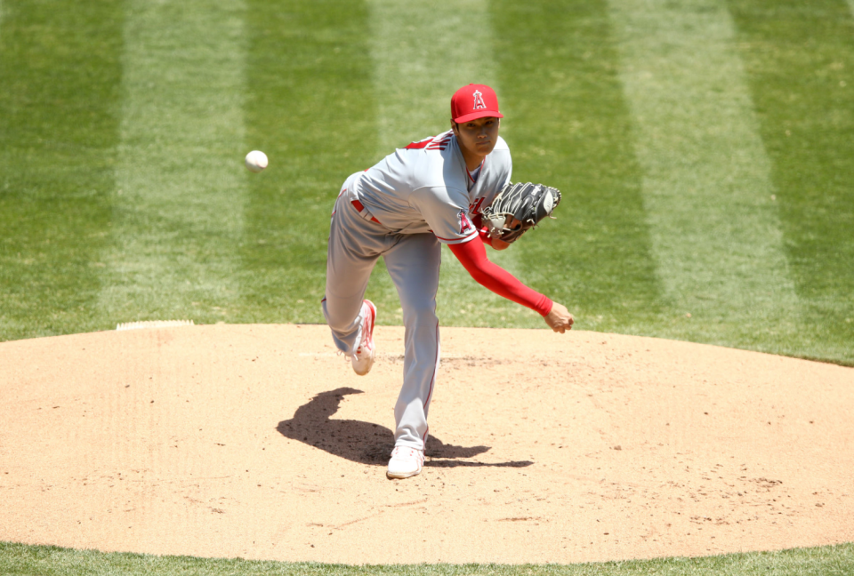 Angels pitcher Shohei Ohtani delivers against the Athletics.