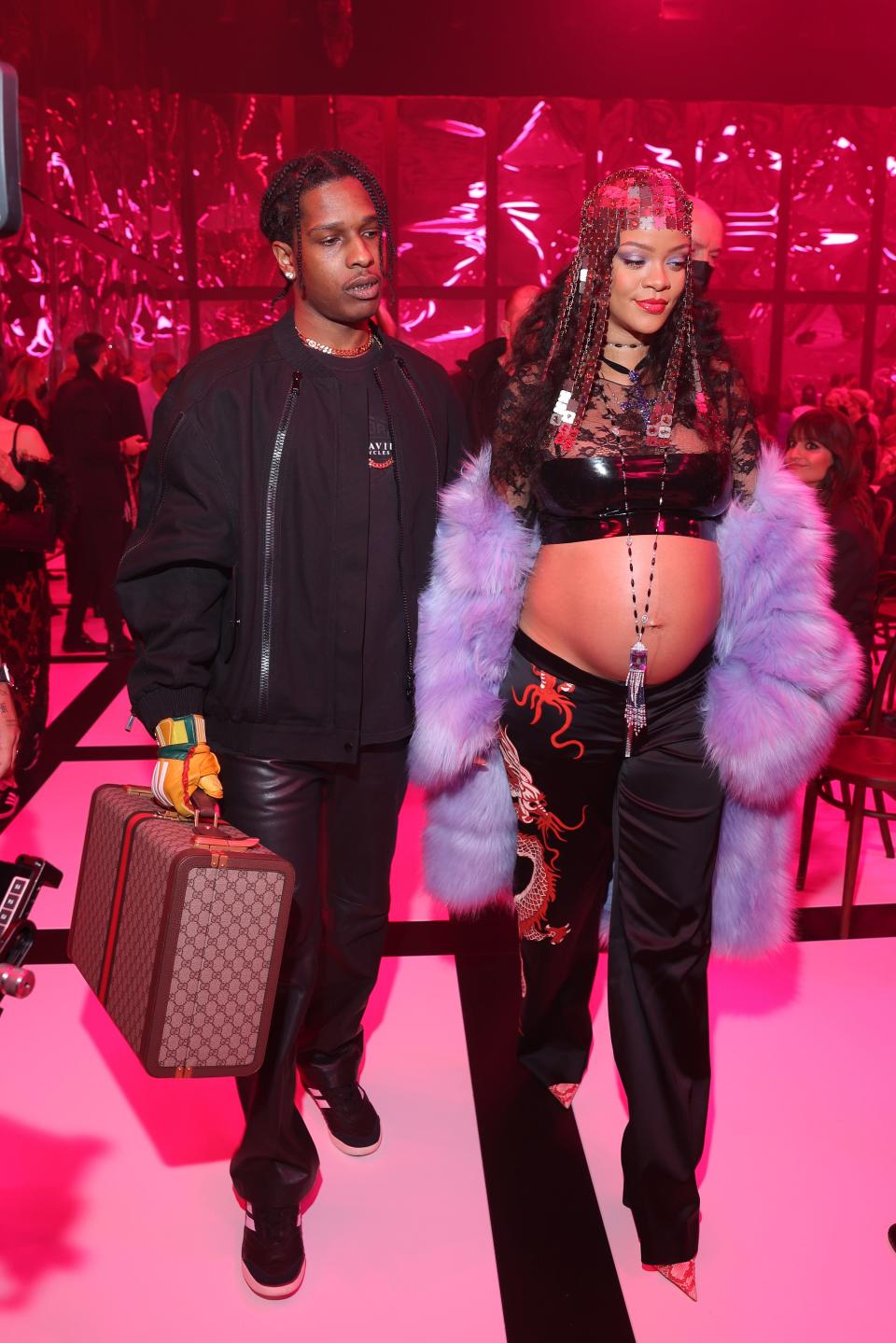 A$AP Rocky and Rihanna are seen at the Gucci show during Milan Fashion Week Fall/Winter 2022/23 on February 25, 2022 in Milan, Italy.