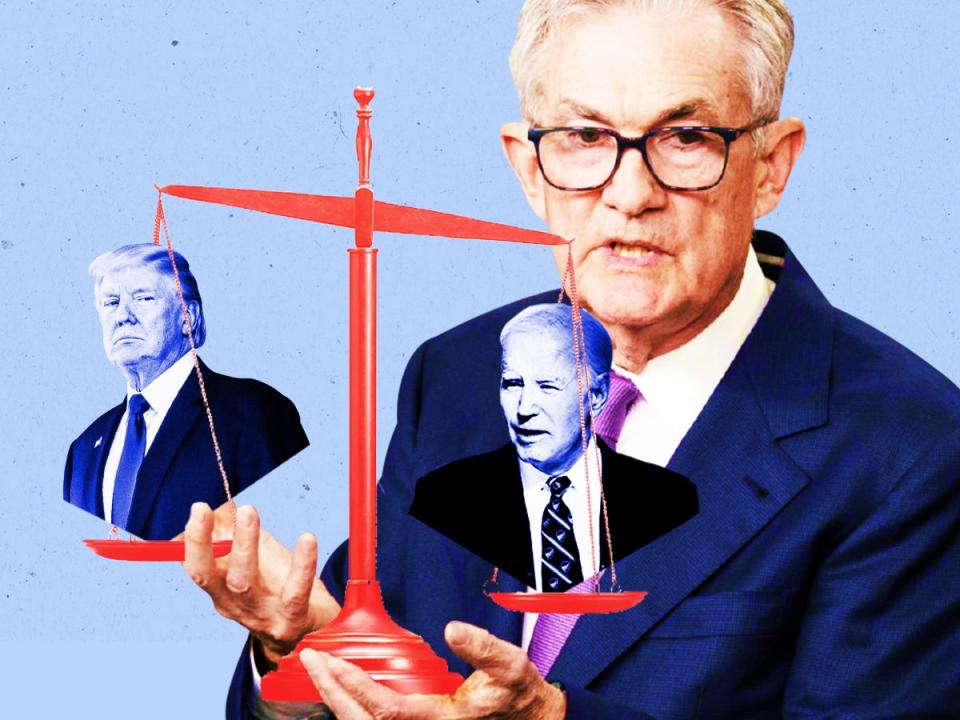 Photo Collage featuring Jerome Powell holding a scale. On one side of the scale is a picture of Donald Trump, and on the opposite side is an image of President Biden,