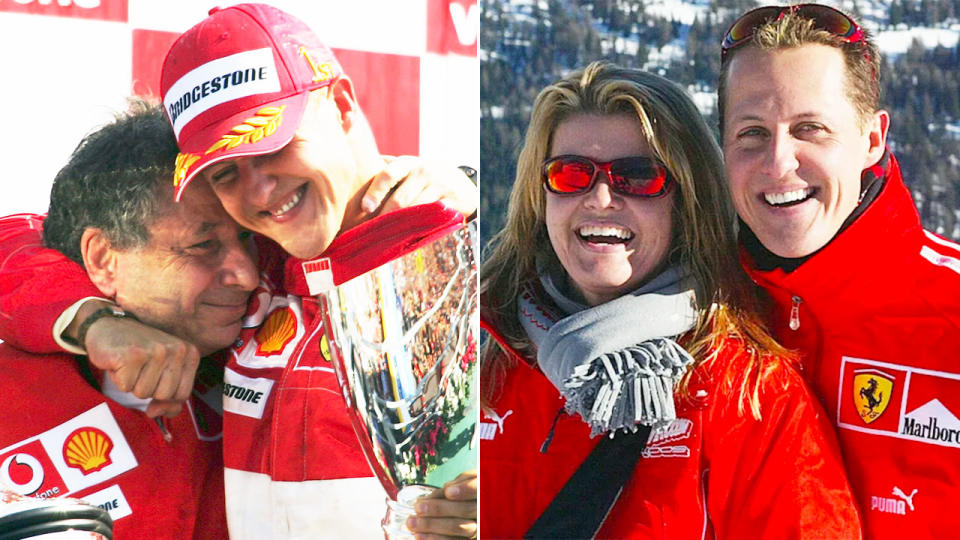 Pictured left, former Ferrari boss Jean Todt with Michael Schumacher and the German's wife Corrina on the right.