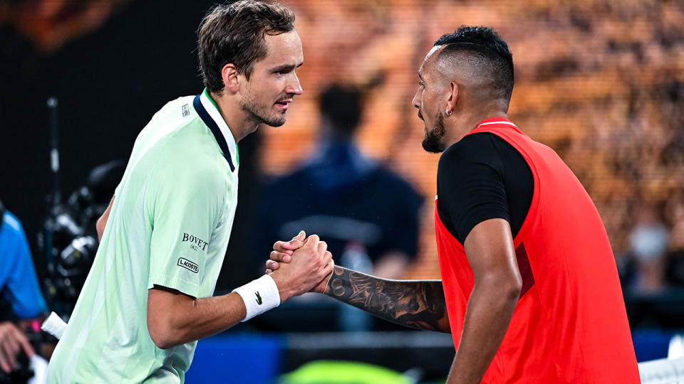 Daniil Medvedev and Nick Kyrgios, pictured here shaking hands after their match at the Australian Open.