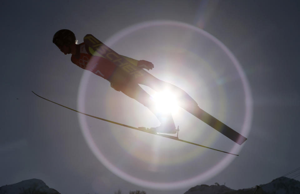 Czech Republic's Roman Koudelka makes an attempt during the men's normal hill ski jumping training ahead of the 2014 Winter Olympics, Friday, Feb. 7, 2014, in Krasnaya Polyana, Russia. (AP Photo/Dmitry Lovetsky)