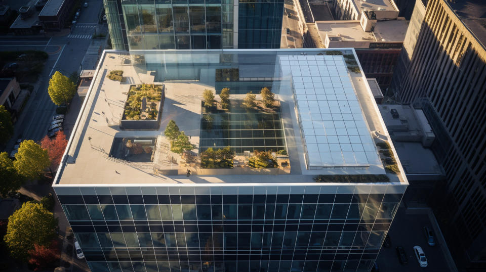 A bird's eye view of a Class A office building, reflecting the height of modern architecture.