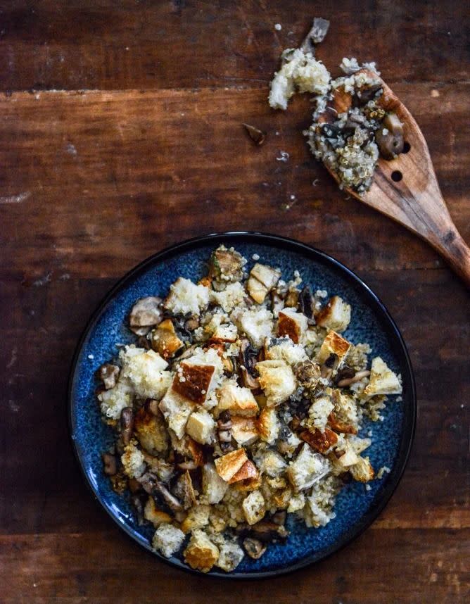 <p>This stuffing recipe is gluten-free by swapping bread for quinoa and crushed pretzels. </p><p>Get the <strong><a href="https://www.howsweeteats.com/2013/11/pretzel-bread-quinoa-stuffing-with-garlic-butter-mushrooms/" rel="nofollow noopener" target="_blank" data-ylk="slk:Pretzel Bread Quinoa Stuffing with Garlic Butter Mushrooms recipe;elm:context_link;itc:0;sec:content-canvas" class="link ">Pretzel Bread Quinoa Stuffing with Garlic Butter Mushrooms recipe</a></strong> at How Sweet Eats. </p>