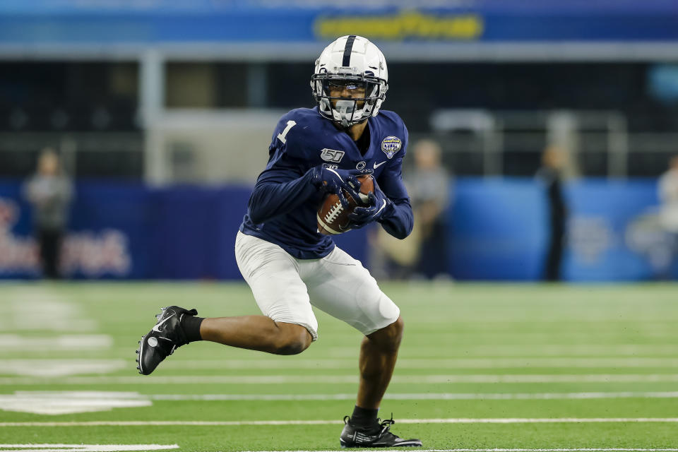 Penn State WR KJ Hamler has some questionable hands, but also blinding speed. (Photo by Matthew Pearce/Icon Sportswire via Getty Images)