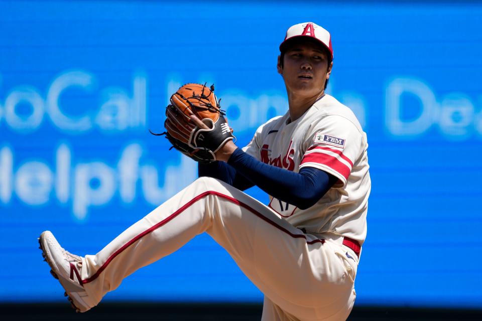 大谷翔平4局上遇亂流，狂失5分，拿下了本季的第4場勝投。（AP）