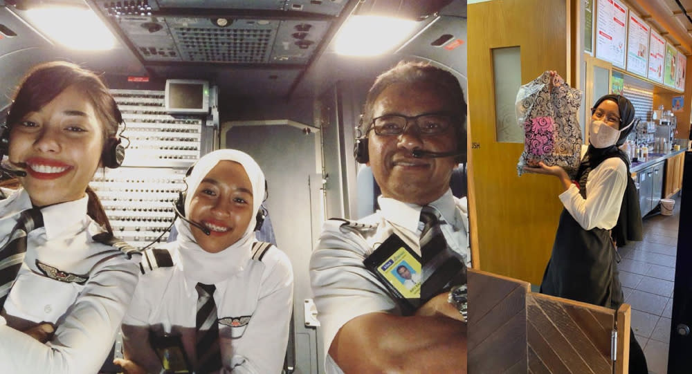 (From left) Safia Amira Abu Bakar and her sister Safia Anisa have been taking on alternative jobs to support their family as their father is set to retire soon. — Picture courtesy of AirAsia