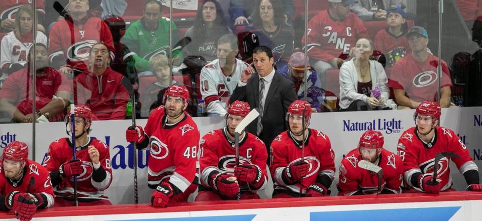 Carolina Hurricanes coach Rod Brind’Amour checks the replay after the New York Islander opened a 2-0 lead in the second period during Game 5 of their Stanley Cup series on Tuesday, April 25, 2023 at PNC Arena in Raleigh, N.C.