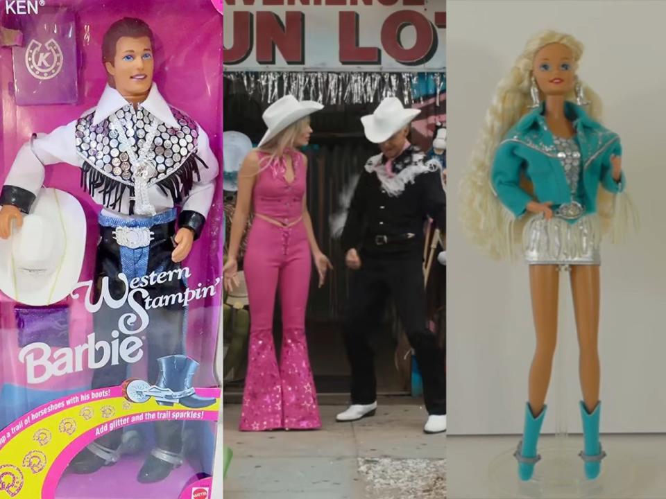 Left and Right: 1993 Western Stampin Barbie and Ken dolls. Middle: Margot Robbie and Ryan Gosling in "Barbie."