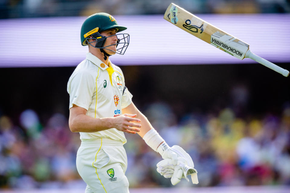 Seen here, Australia batter Marnus Labuschagne looks frustrated after getting out in the first Test against South Africa. 