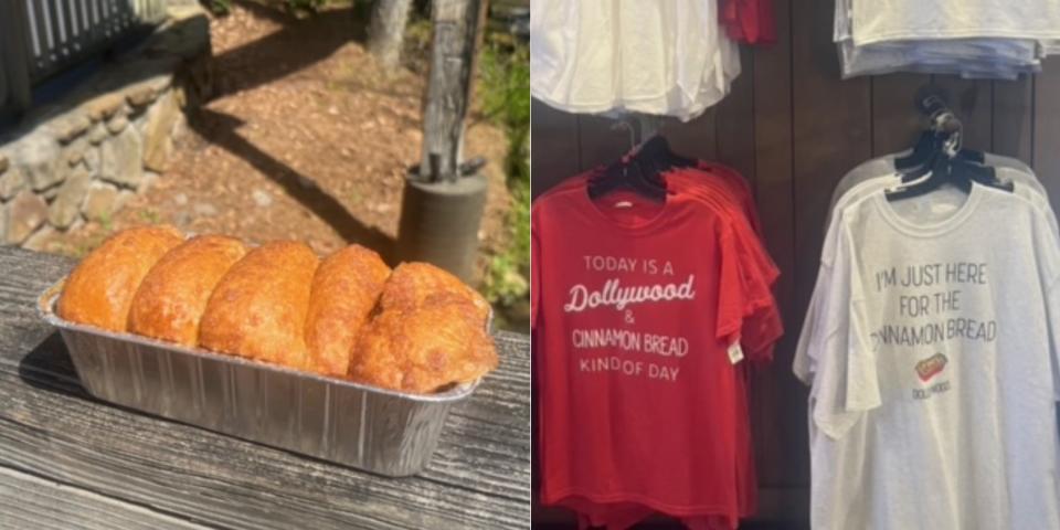Dollywood's famous cinnamon bread (left) and t-shirt homages to the bread (right).