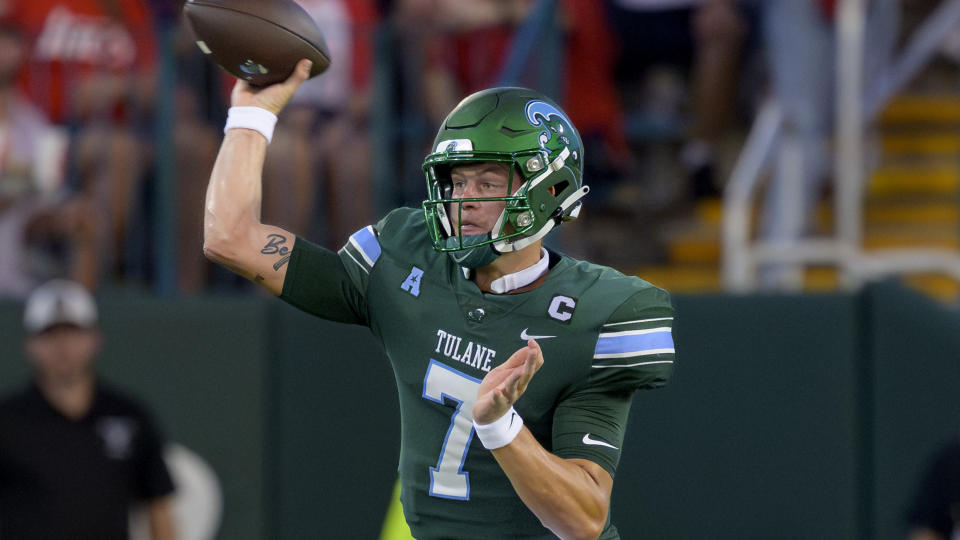 Tulane quarterback Michael Pratt (7) throws during an NCAA football game on Saturday, Sept. 2, 2023, in New Orleans. (AP Photo/Matthew Hinton)