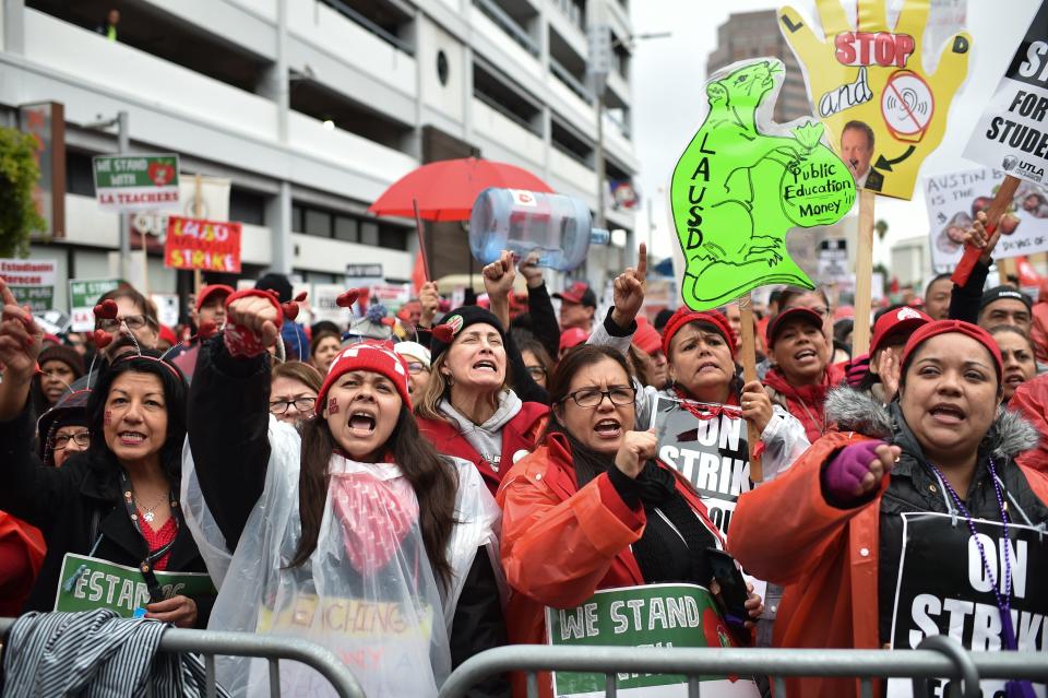 Striking teachers and their supporters rally in downtown Los Angeles on Jan. 15, 2019, the second day of the teachers strike. (Photo: ROBYN BECK via Getty Images)