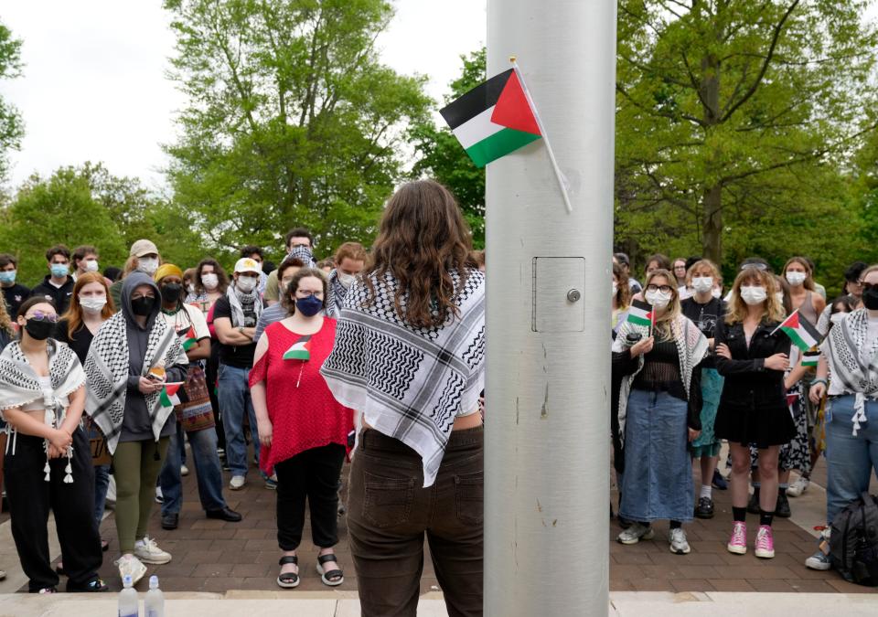 A Palestinian flag was attached to a pole at Denison University in Granville during a pro-Palestinian, anti-Hamas-Israel war demonstration held Tuesday in front of Slayter Hall Student Union.