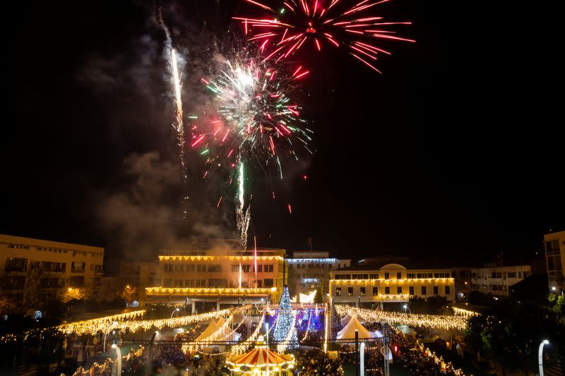 Fireworks explode over Podgorica main square during the New Year celebrations