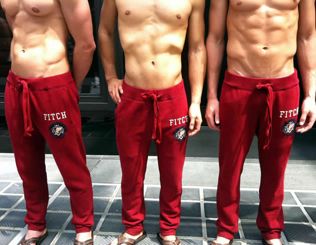 A close-up of the shirtless greeters’ traffic-stopping abs and A&F’s signature sweatpants, available at S$130. (Yahoo! photo/ Leow Si Wan)