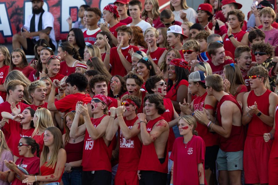 East’s student section cheers at their high school football season opener against Orem at East High School in Salt Lake City on Friday, Aug. 11, 2023. | Megan Nielsen, Deseret News