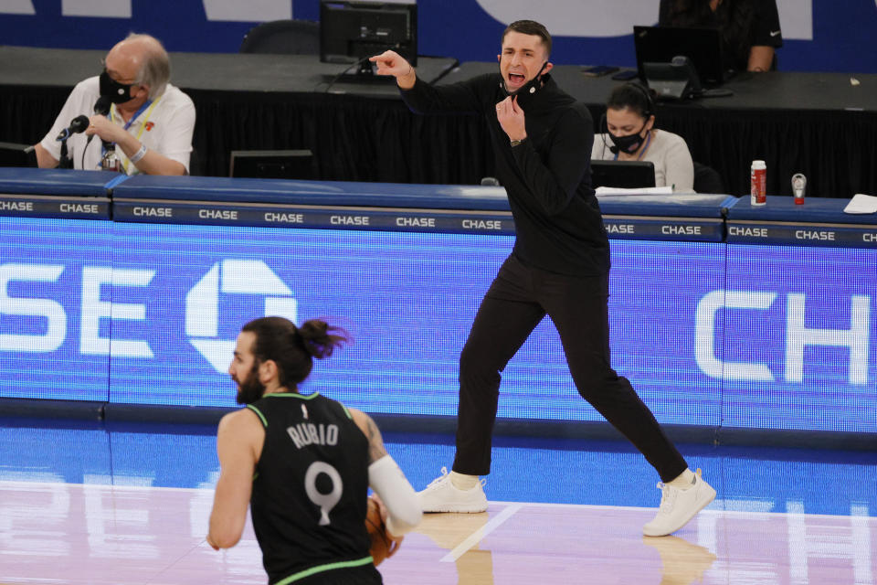 Head coach Ryan Saunders of the Minnesota Timberwolves' directs his team during the second half of an NBA basketball game Sunday, Feb. 21, 2021, in New York. (Sarah Stier/Pool Photo via AP)