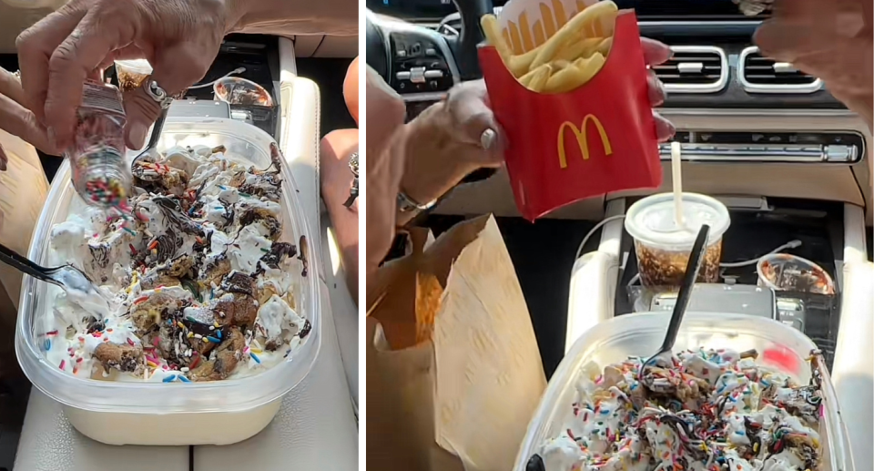 Maccas chips being dipped into a TikTok dessert hack