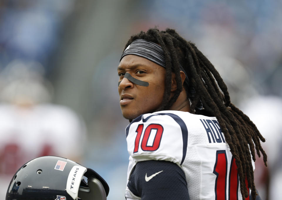 DeAndre Hopkins uses his jersey number to highlight a system that promotes disparate prison sentencing for black Americans. (AP Photo/Weston Kenney, File)