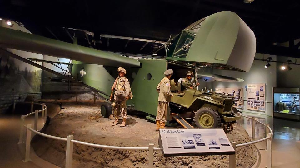 A CG-4A Glider unloads a jeep in this recreation at the US Army Airborne & Special Operations Museum in Fayetteville, N.C.
