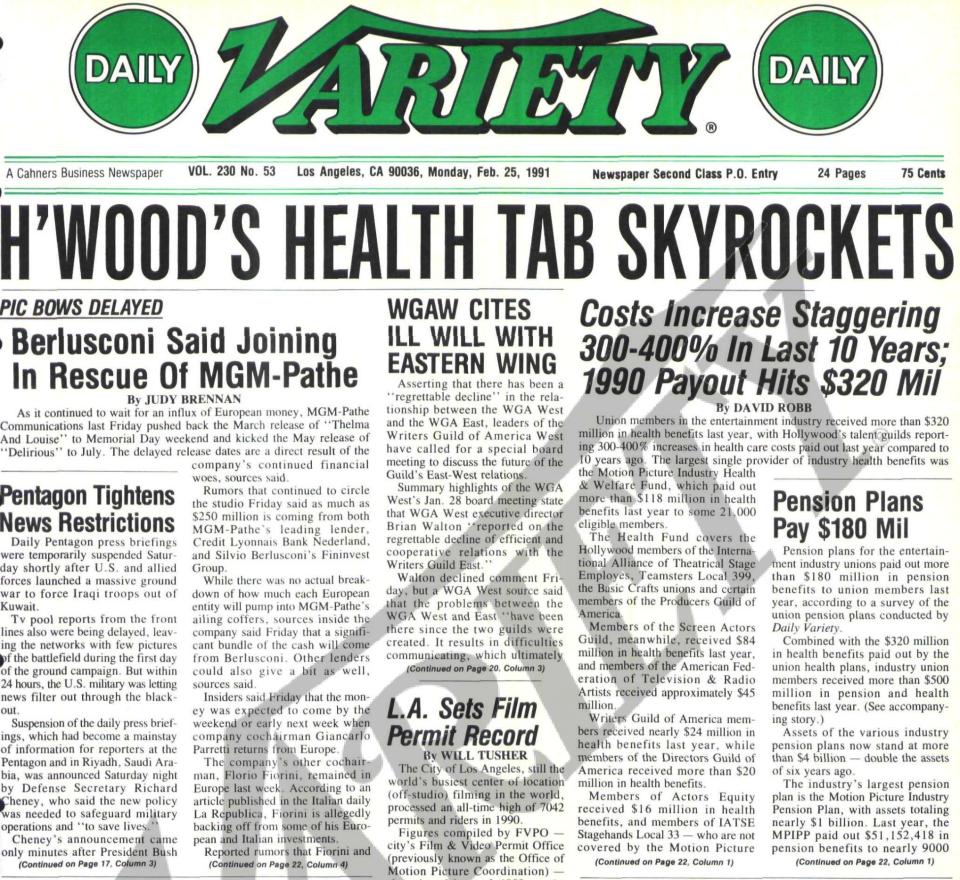 Here’s an example of Dave Robb’s in-depth reporting on Hollywood labor. From the Feb. 25, 1991, edition of <em>Daily Variety</em>.