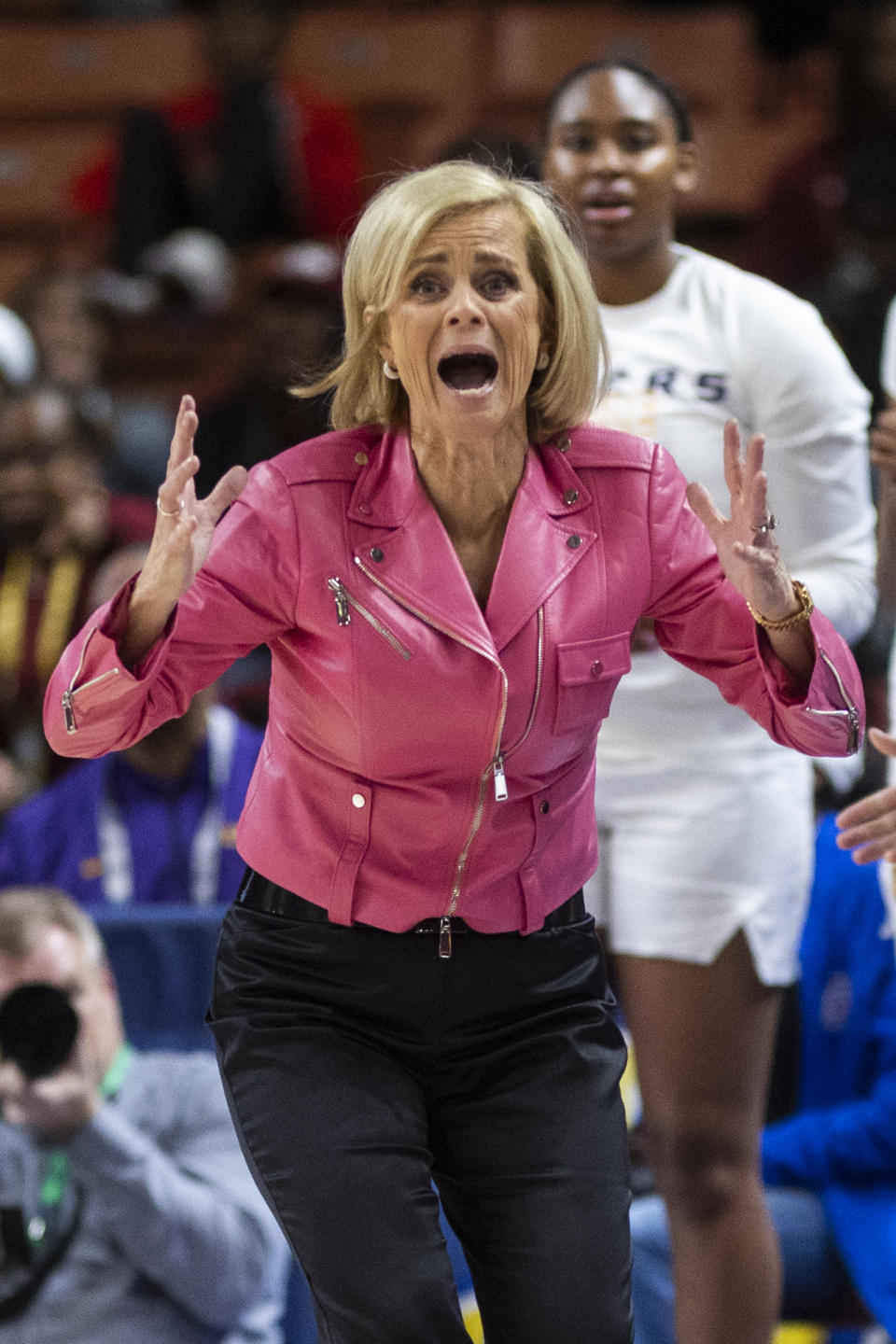 LSU's head coach Kim Mulkey reacts to officials call late in the game in their 69-67 loss to Tennessee in the second half of an NCAA college basketball during the Southeastern Conference women's tournament in Greenville, S.C., Saturday, March 4, 2023. (AP Photo/Mic Smith)