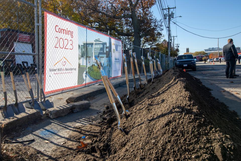 Shovels in dirt at the groundbreaking of a new Father Bill's & MainSpring homeless shelter in Quincy on Tuesday, Nov. 9, 2021.