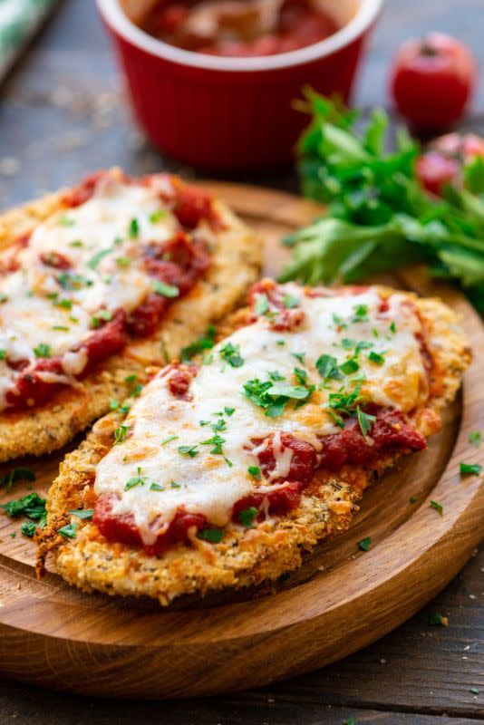 <p>This air fryer chicken parmesan recipe is everything you love about the original but healthier. The chicken is nice and juicy and the Parmesan coating is crispy.</p><p><strong>Get the recipe: <a href="https://www.julieseatsandtreats.com/air-fryer-chicken-parmesan/" rel="nofollow noopener" target="_blank" data-ylk="slk:Air Fryer Chicken Parmesan;elm:context_link;itc:0;sec:content-canvas" class="link rapid-noclick-resp">Air Fryer Chicken Parmesan</a></strong></p>