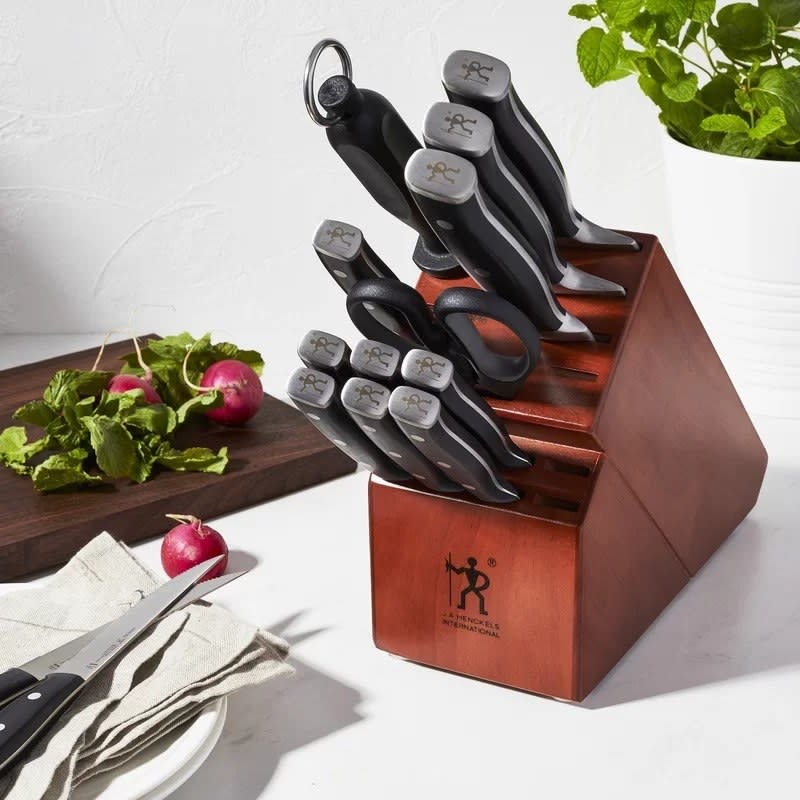 the knife set in the wooden block